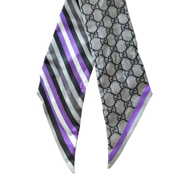 GUCCI 100% Silk Monogram Gray & Purple Stripe Skinny Neck Scarf w/Box & Ring - Picture 6 of 8